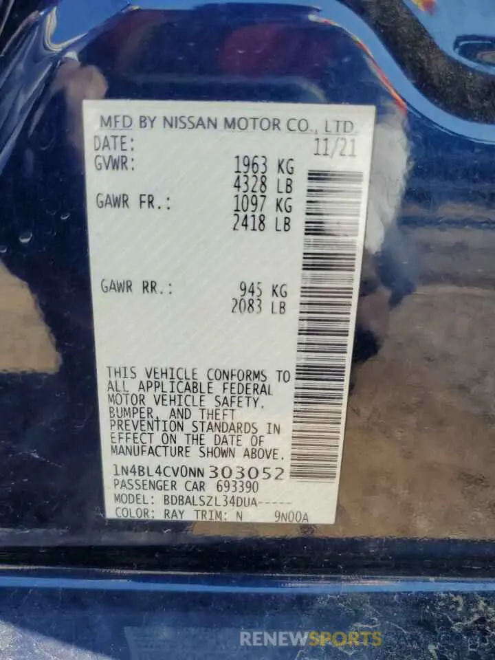 12 fotografías del automóvil dañado 1N4BL4CV0NN303052 NISSAN ALTIMA 2022