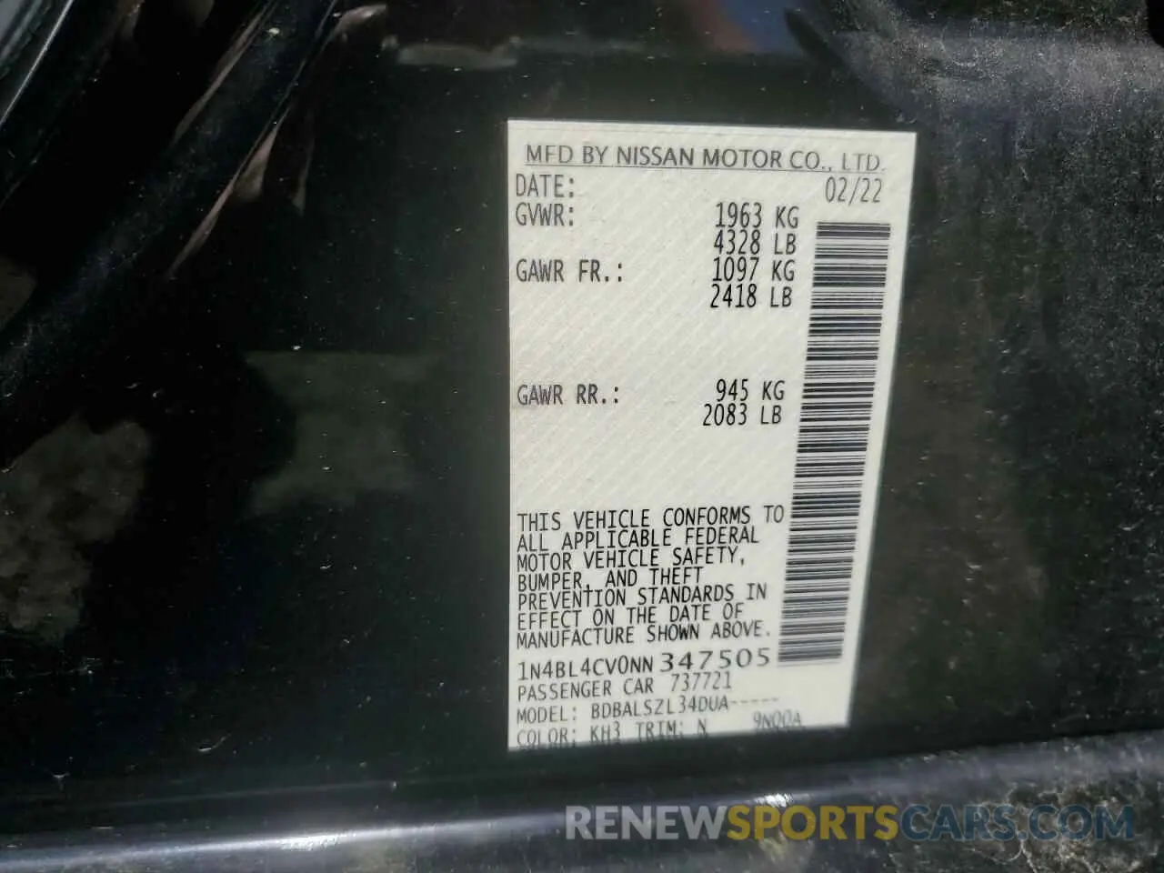 12 fotografías del automóvil dañado 1N4BL4CV0NN347505 NISSAN ALTIMA 2022