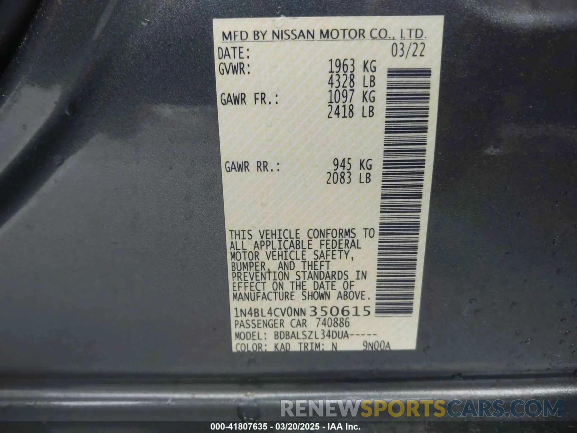 9 fotografías del automóvil dañado 1N4BL4CV0NN350615 NISSAN ALTIMA 2022