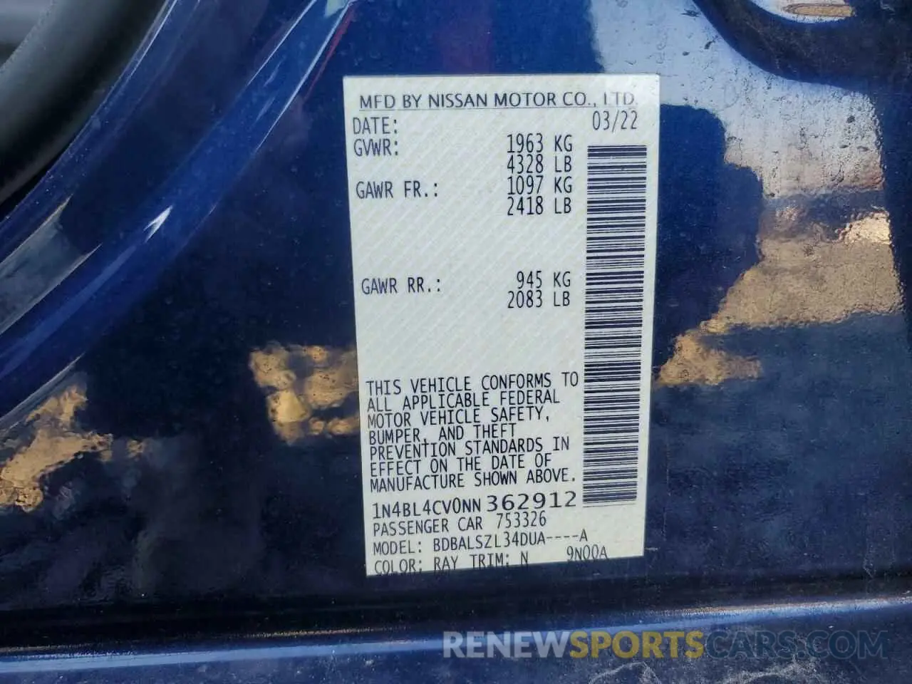12 fotografías del automóvil dañado 1N4BL4CV0NN362912 NISSAN ALTIMA 2022