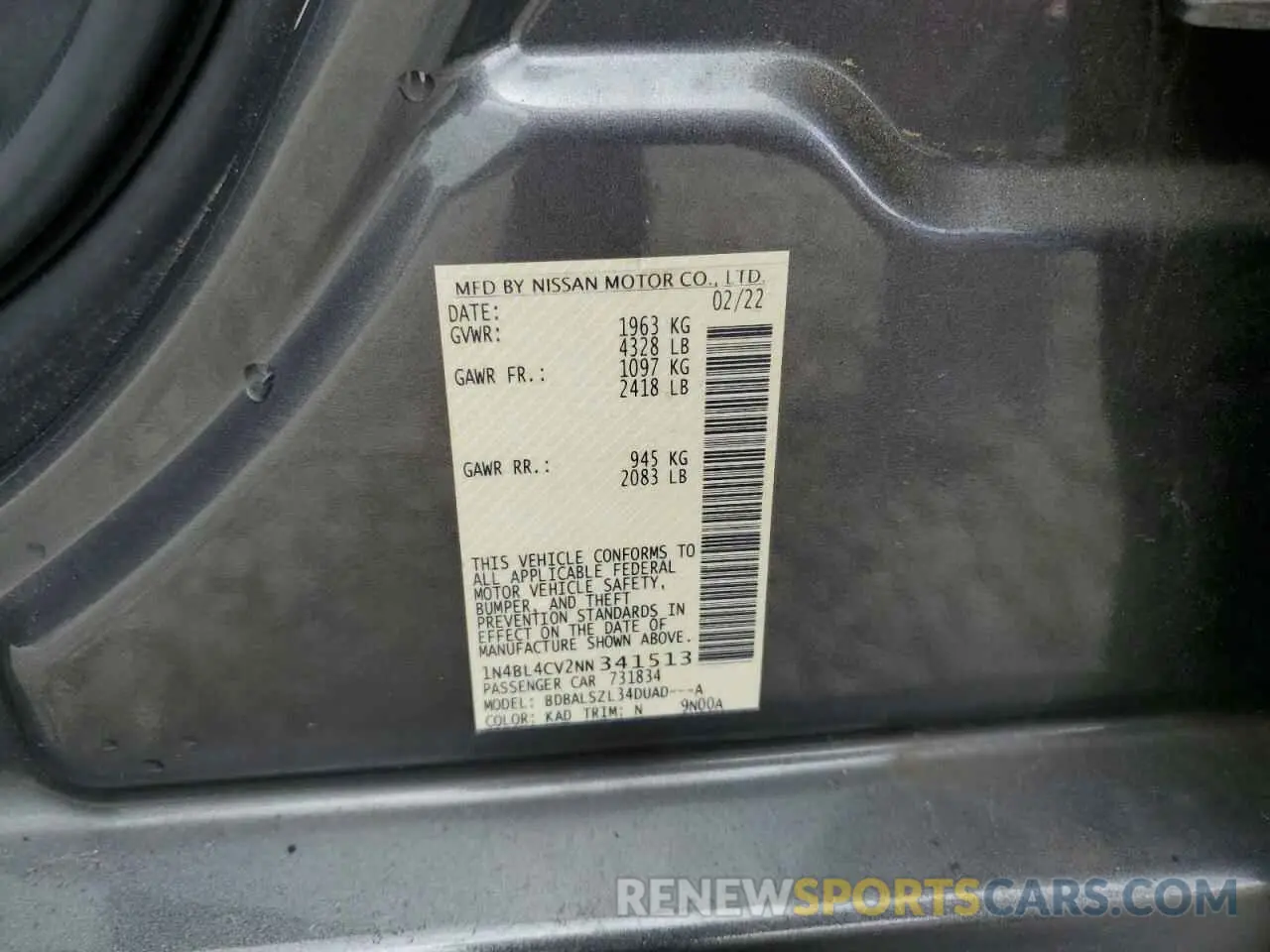 12 fotografías del automóvil dañado 1N4BL4CV2NN341513 NISSAN ALTIMA 2022