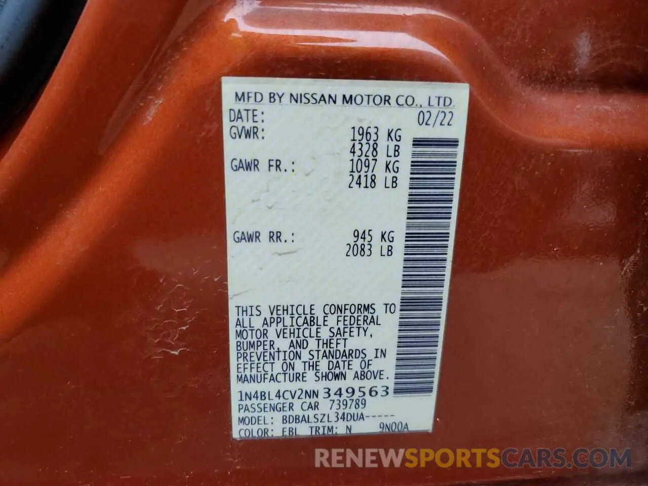 12 fotografías del automóvil dañado 1N4BL4CV2NN349563 NISSAN ALTIMA 2022