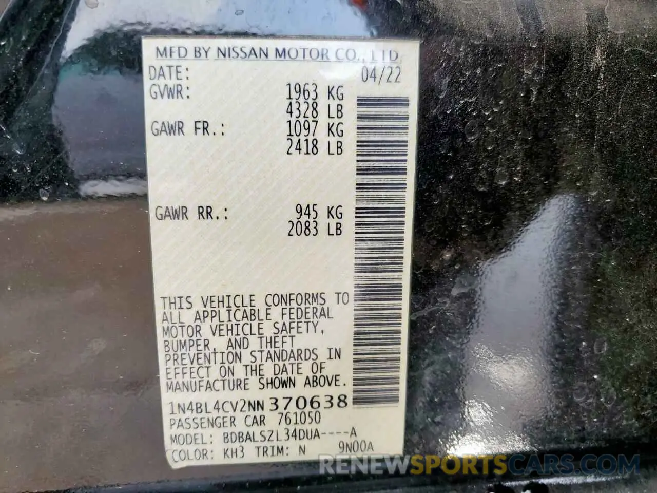 14 fotografías del automóvil dañado 1N4BL4CV2NN370638 NISSAN ALTIMA 2022