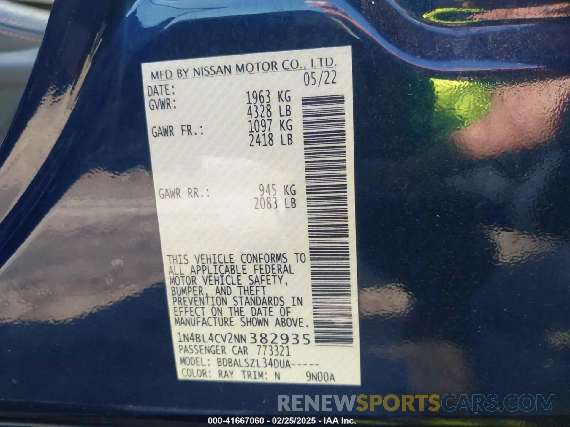 9 fotografías del automóvil dañado 1N4BL4CV2NN382935 NISSAN ALTIMA 2022