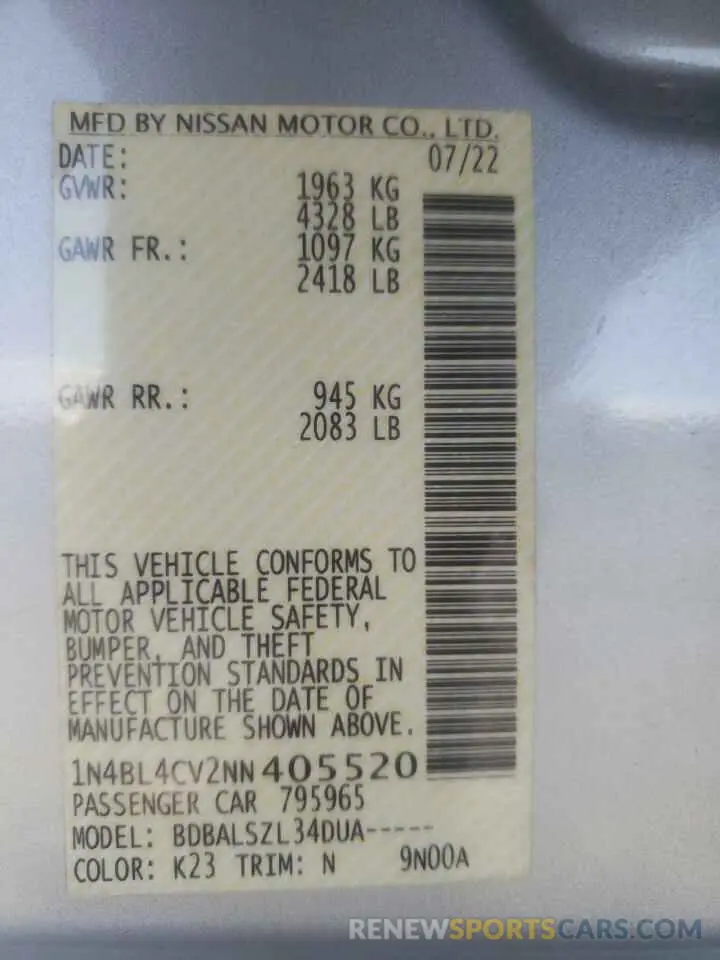 12 fotografías del automóvil dañado 1N4BL4CV2NN405520 NISSAN ALTIMA 2022