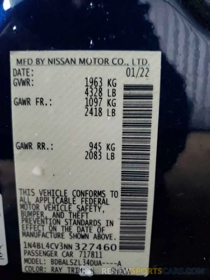 12 fotografías del automóvil dañado 1N4BL4CV3NN327460 NISSAN ALTIMA 2022