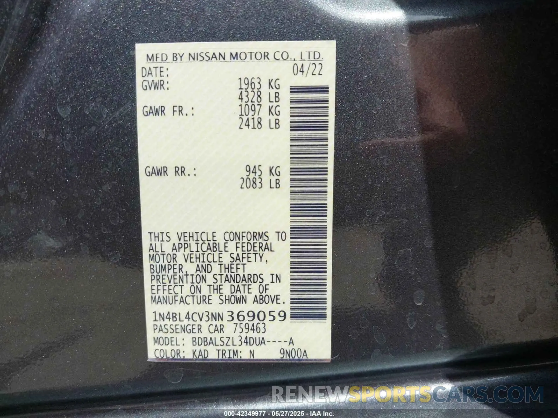 9 fotografías del automóvil dañado 1N4BL4CV3NN369059 NISSAN ALTIMA 2022