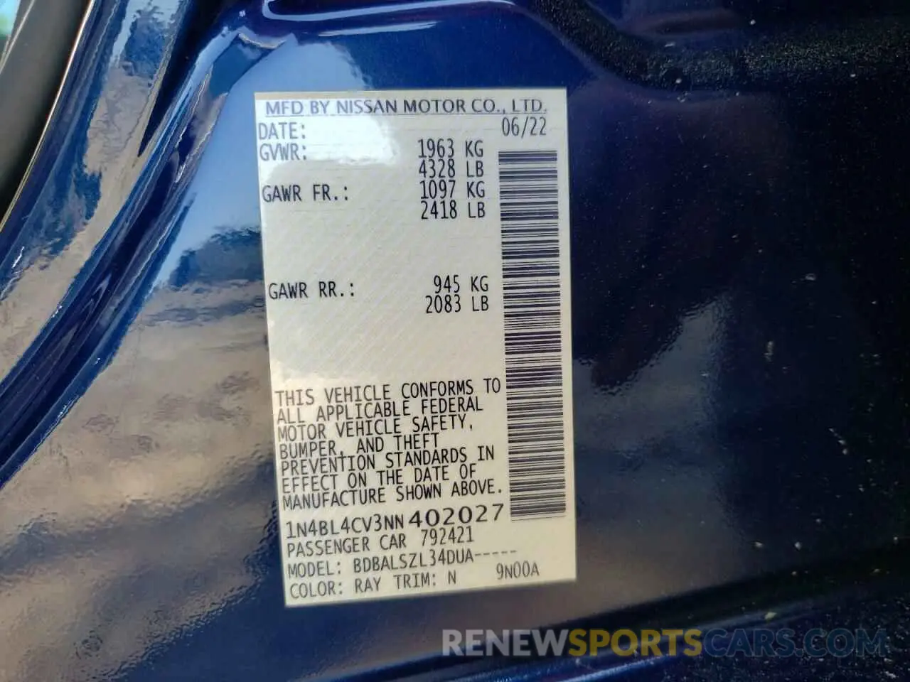 14 fotografías del automóvil dañado 1N4BL4CV3NN402027 NISSAN ALTIMA 2022