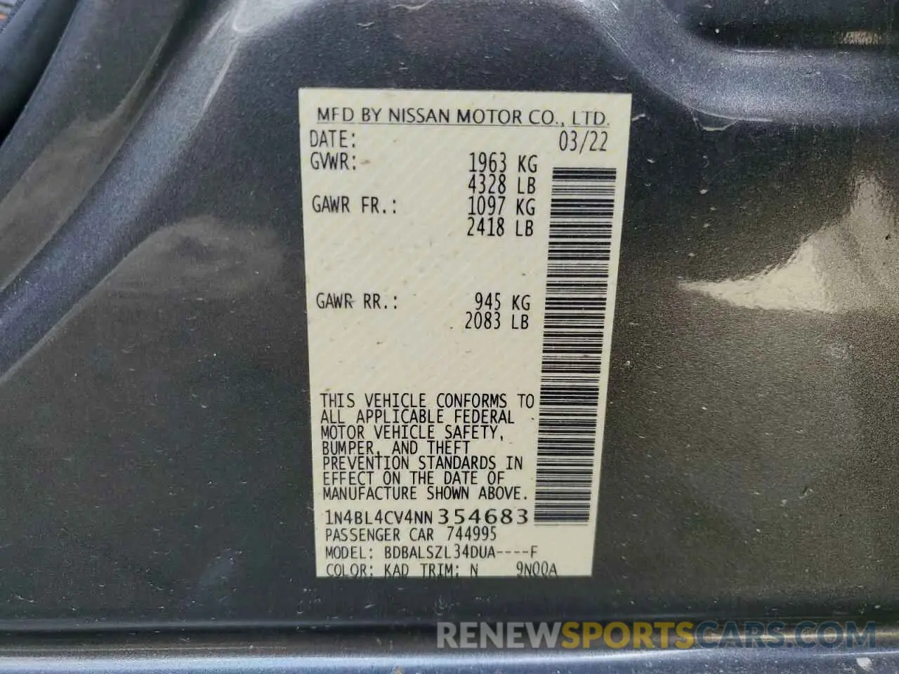 12 fotografías del automóvil dañado 1N4BL4CV4NN354683 NISSAN ALTIMA 2022