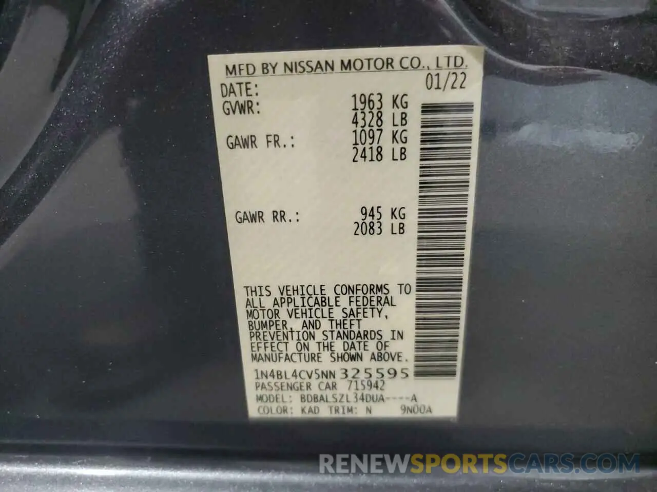 14 fotografías del automóvil dañado 1N4BL4CV5NN325595 NISSAN ALTIMA 2022