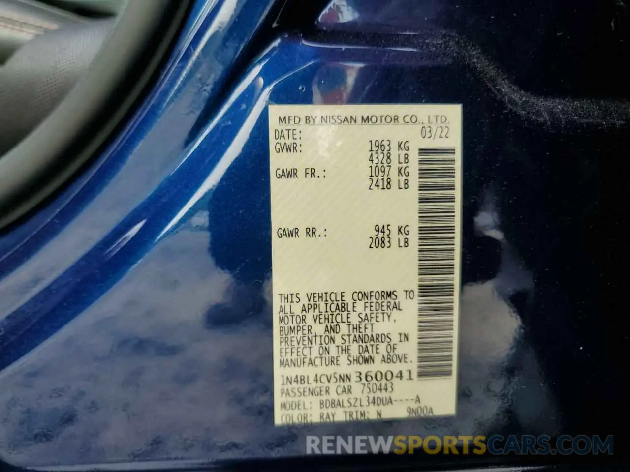 12 fotografías del automóvil dañado 1N4BL4CV5NN360041 NISSAN ALTIMA 2022