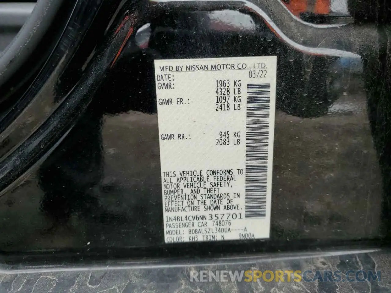 12 fotografías del automóvil dañado 1N4BL4CV6NN357701 NISSAN ALTIMA 2022