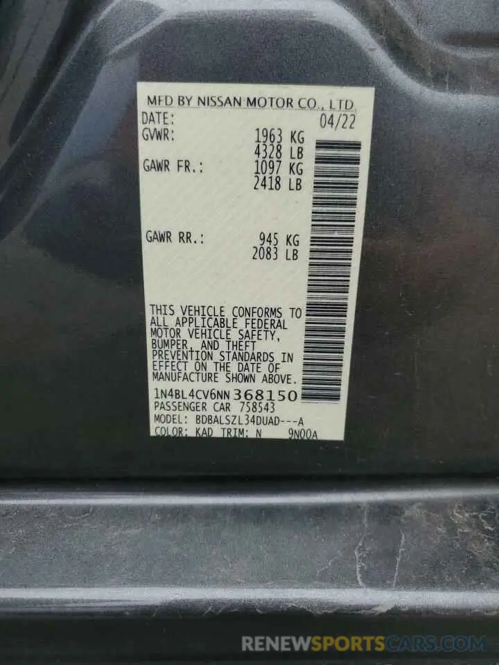12 fotografías del automóvil dañado 1N4BL4CV6NN368150 NISSAN ALTIMA 2022