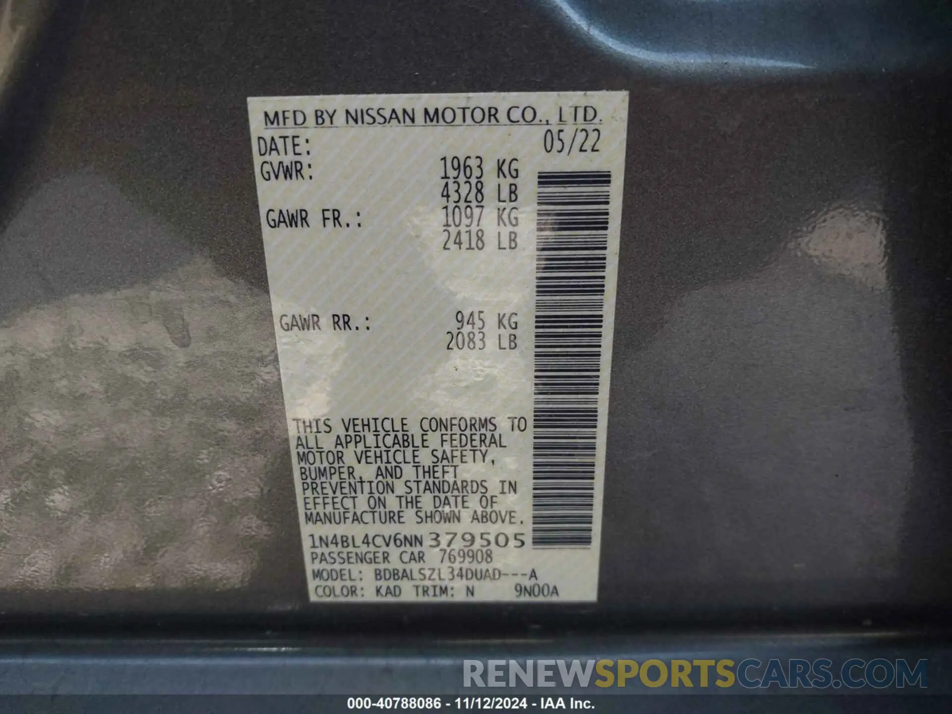 9 fotografías del automóvil dañado 1N4BL4CV6NN379505 NISSAN ALTIMA 2022
