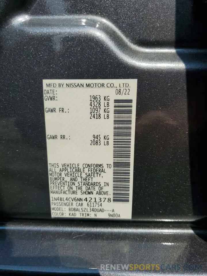12 fotografías del automóvil dañado 1N4BL4CV6NN421378 NISSAN ALTIMA 2022