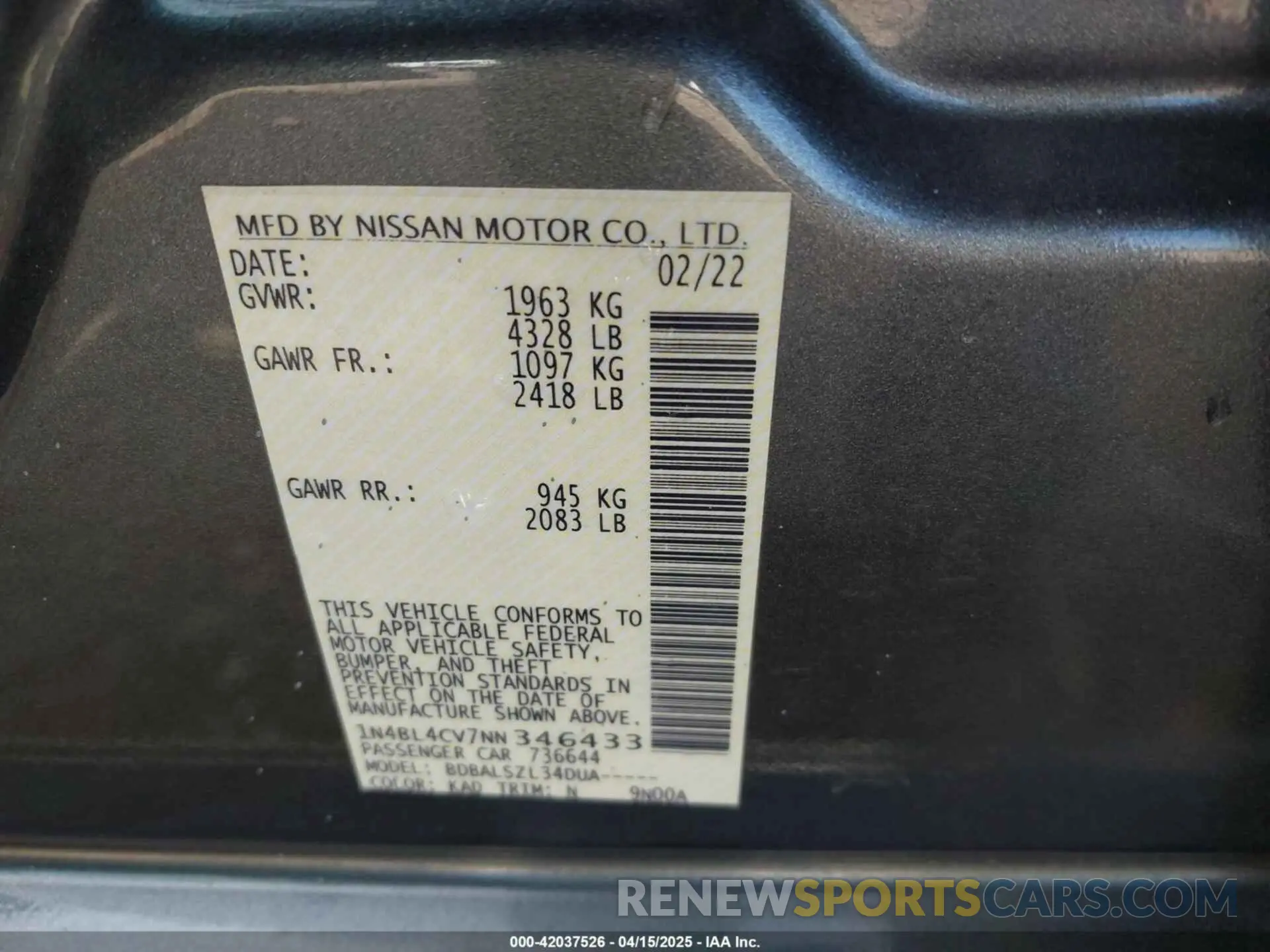 9 fotografías del automóvil dañado 1N4BL4CV7NN346433 NISSAN ALTIMA 2022