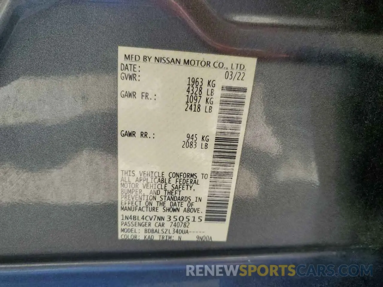 13 fotografías del automóvil dañado 1N4BL4CV7NN350515 NISSAN ALTIMA 2022