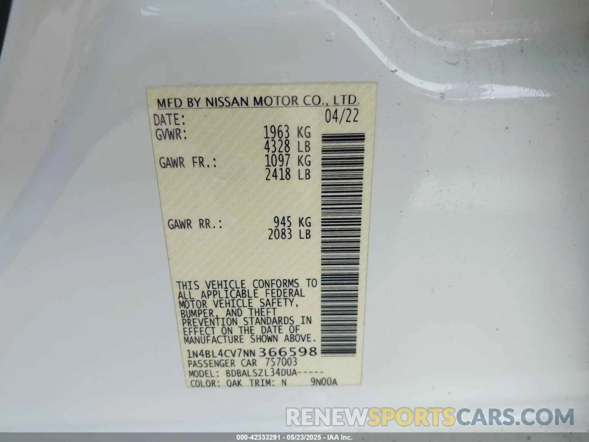 9 fotografías del automóvil dañado 1N4BL4CV7NN366598 NISSAN ALTIMA 2022