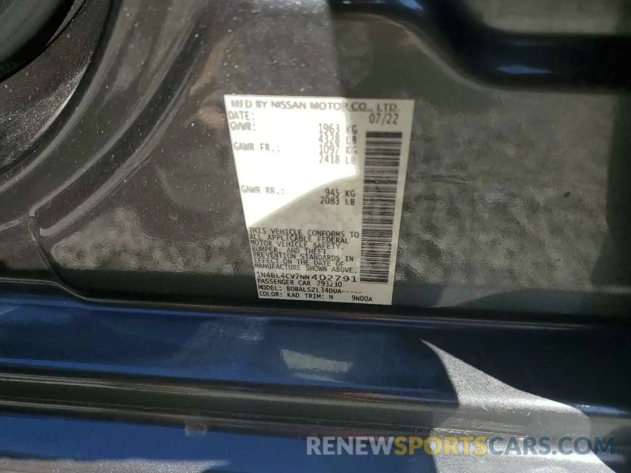 12 fotografías del automóvil dañado 1N4BL4CV7NN402791 NISSAN ALTIMA 2022