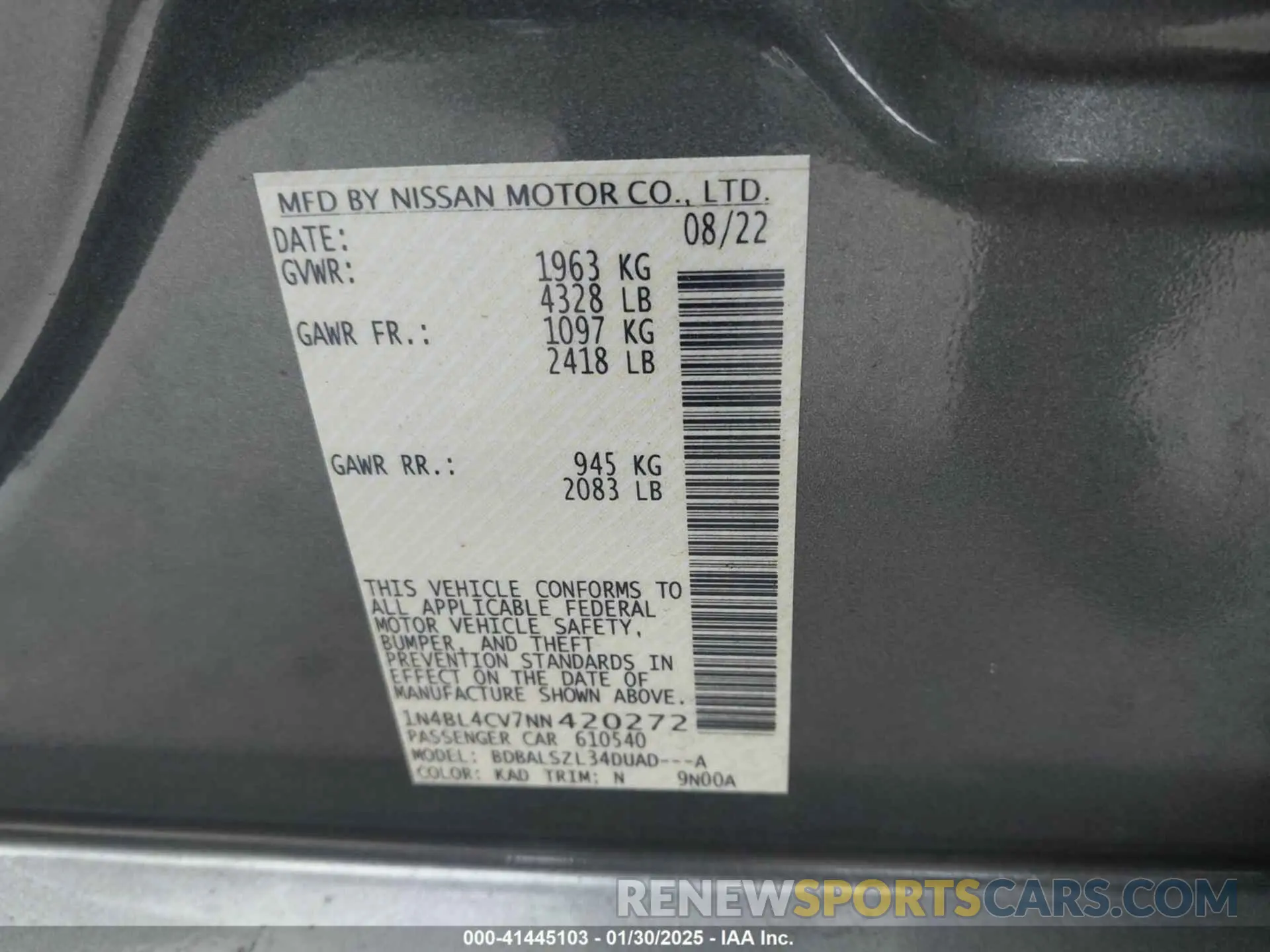 9 fotografías del automóvil dañado 1N4BL4CV7NN420272 NISSAN ALTIMA 2022