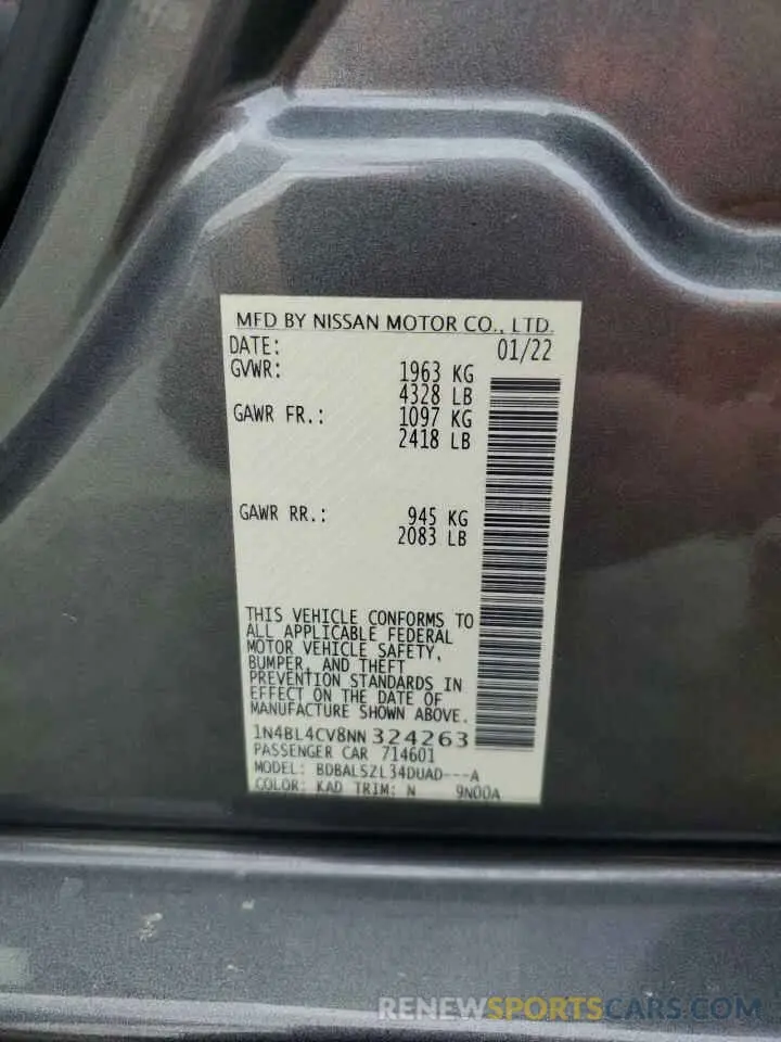 13 fotografías del automóvil dañado 1N4BL4CV8NN324263 NISSAN ALTIMA 2022
