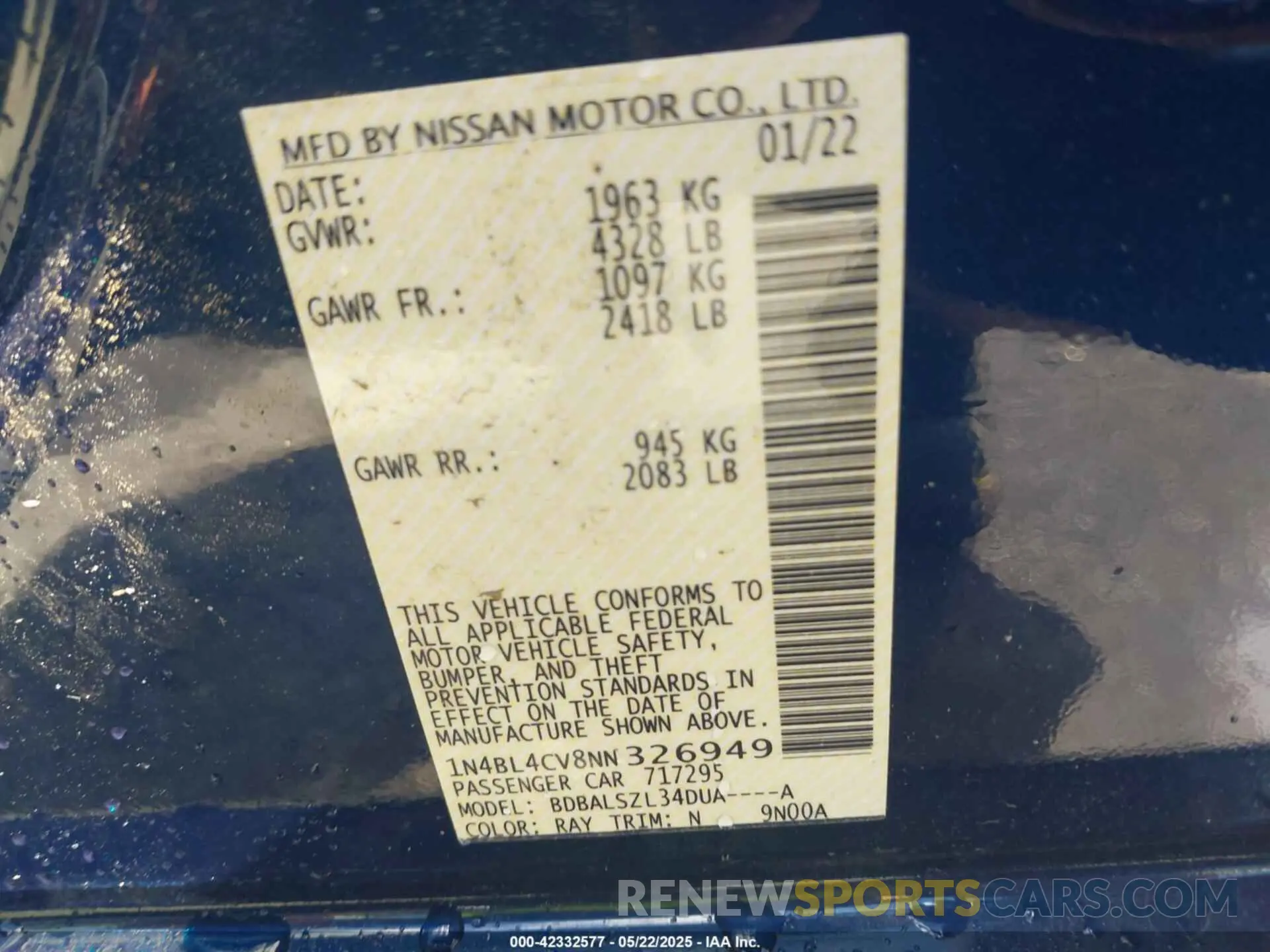 9 fotografías del automóvil dañado 1N4BL4CV8NN326949 NISSAN ALTIMA 2022