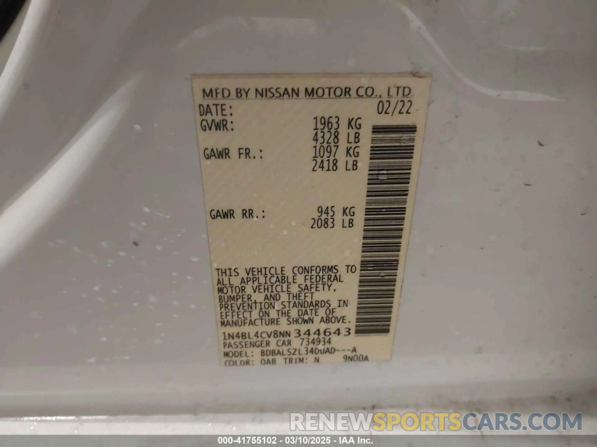 9 fotografías del automóvil dañado 1N4BL4CV8NN344643 NISSAN ALTIMA 2022