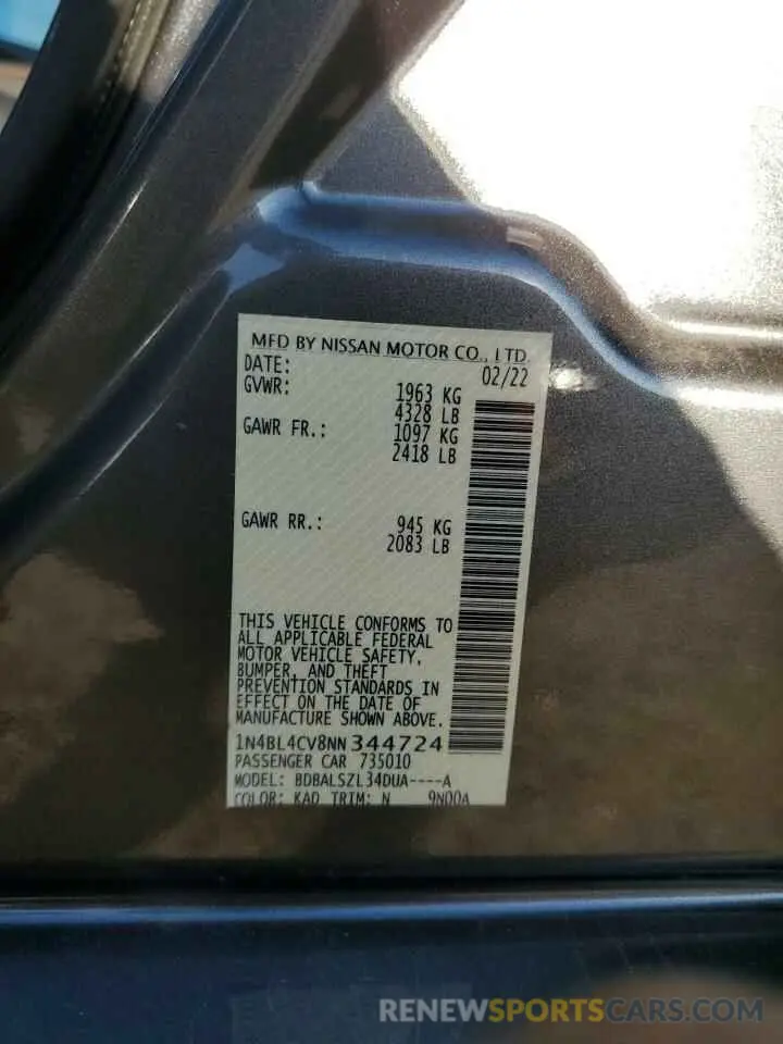 13 fotografías del automóvil dañado 1N4BL4CV8NN344724 NISSAN ALTIMA 2022