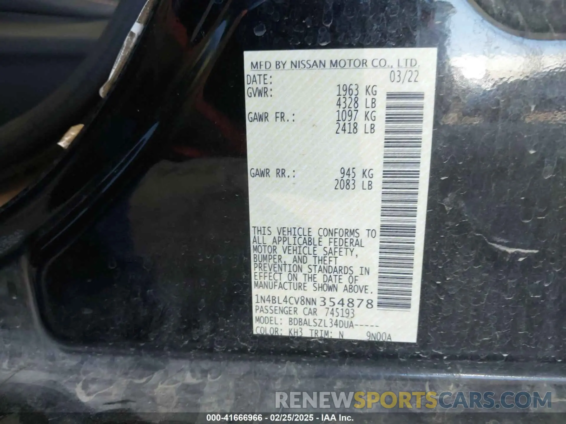 9 fotografías del automóvil dañado 1N4BL4CV8NN354878 NISSAN ALTIMA 2022