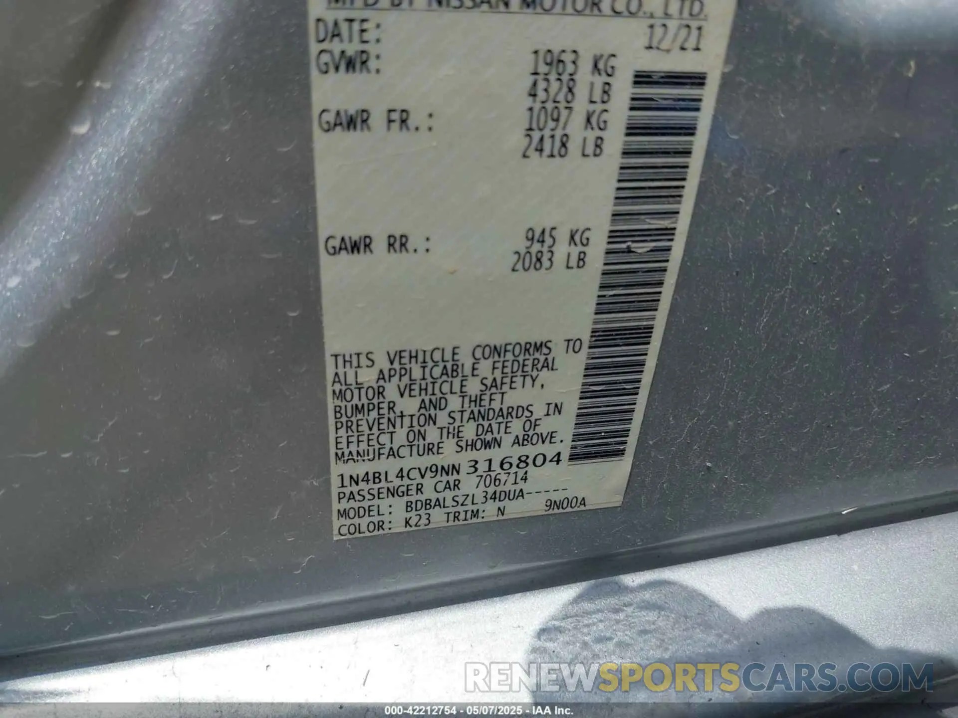 9 fotografías del automóvil dañado 1N4BL4CV9NN316804 NISSAN ALTIMA 2022