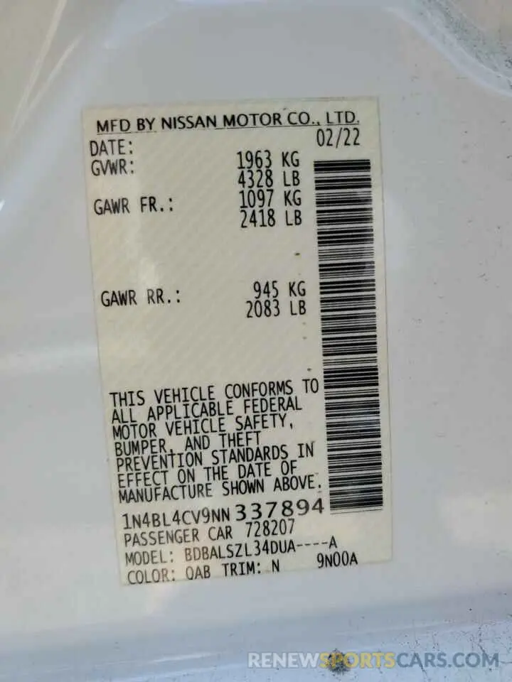 12 fotografías del automóvil dañado 1N4BL4CV9NN337894 NISSAN ALTIMA 2022