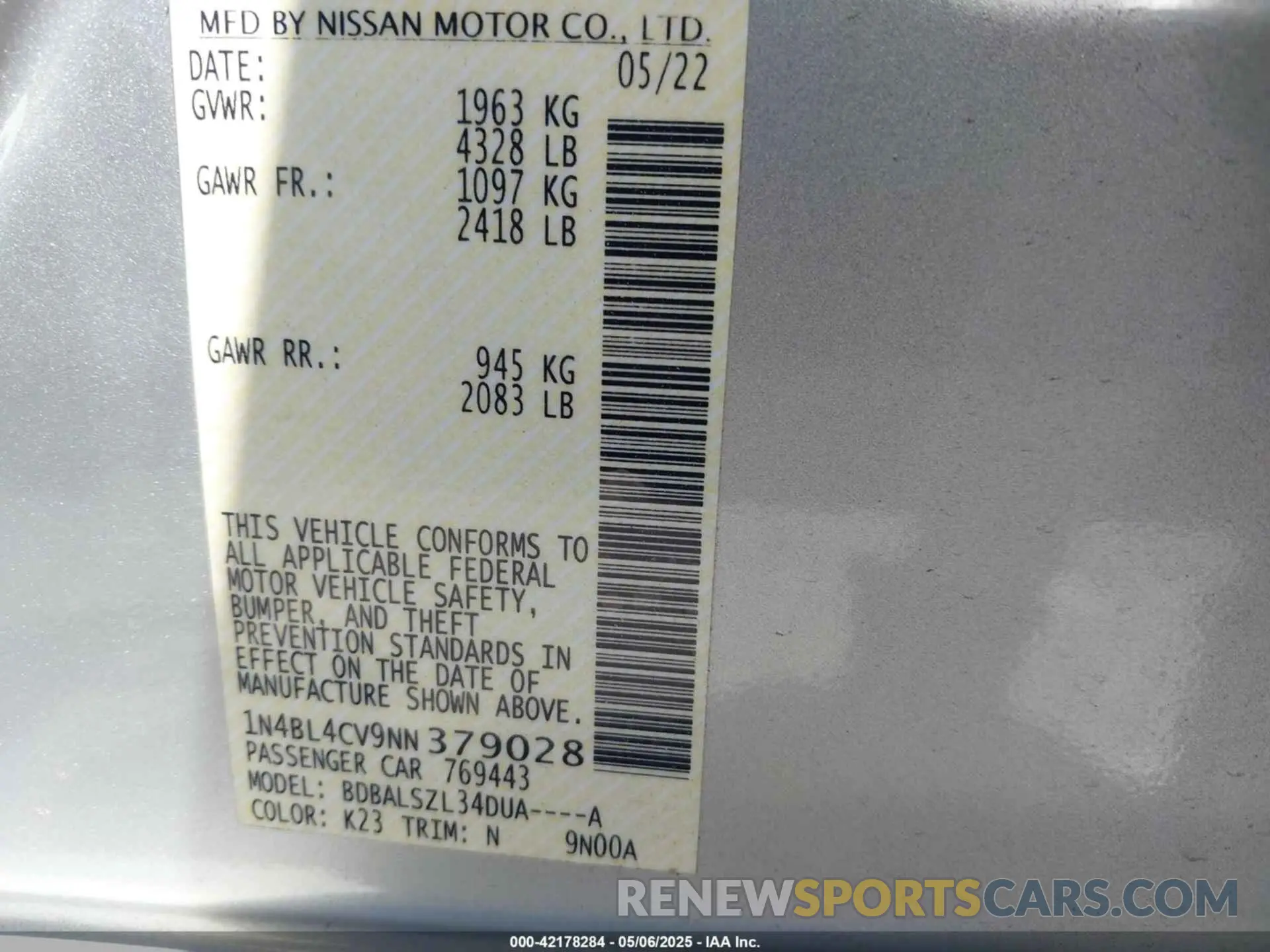 9 fotografías del automóvil dañado 1N4BL4CV9NN379028 NISSAN ALTIMA 2022