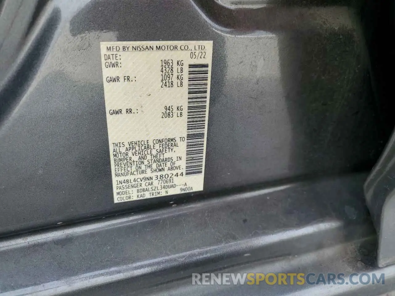 14 fotografías del automóvil dañado 1N4BL4CV9NN380244 NISSAN ALTIMA 2022