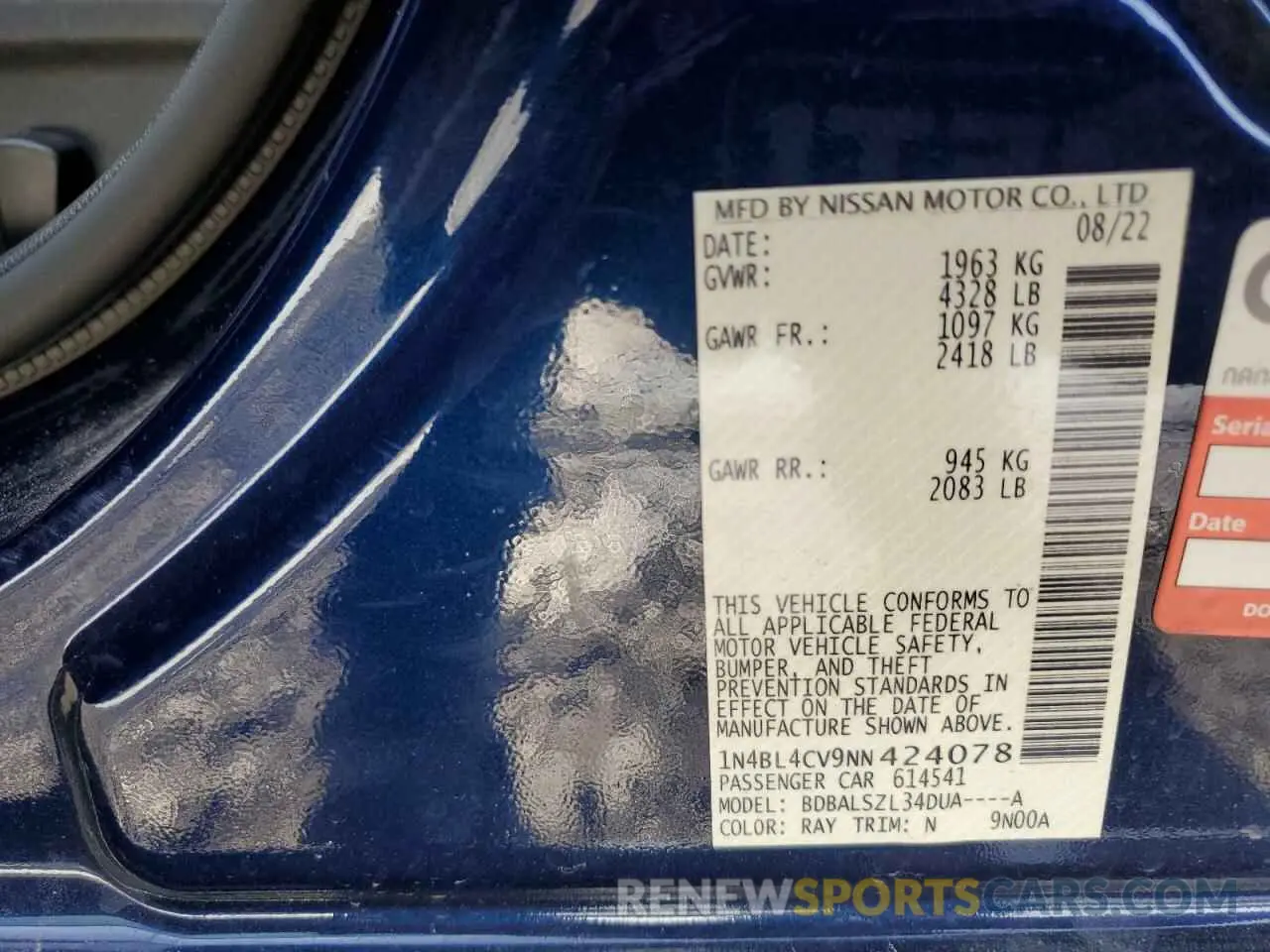 13 fotografías del automóvil dañado 1N4BL4CV9NN424078 NISSAN ALTIMA 2022