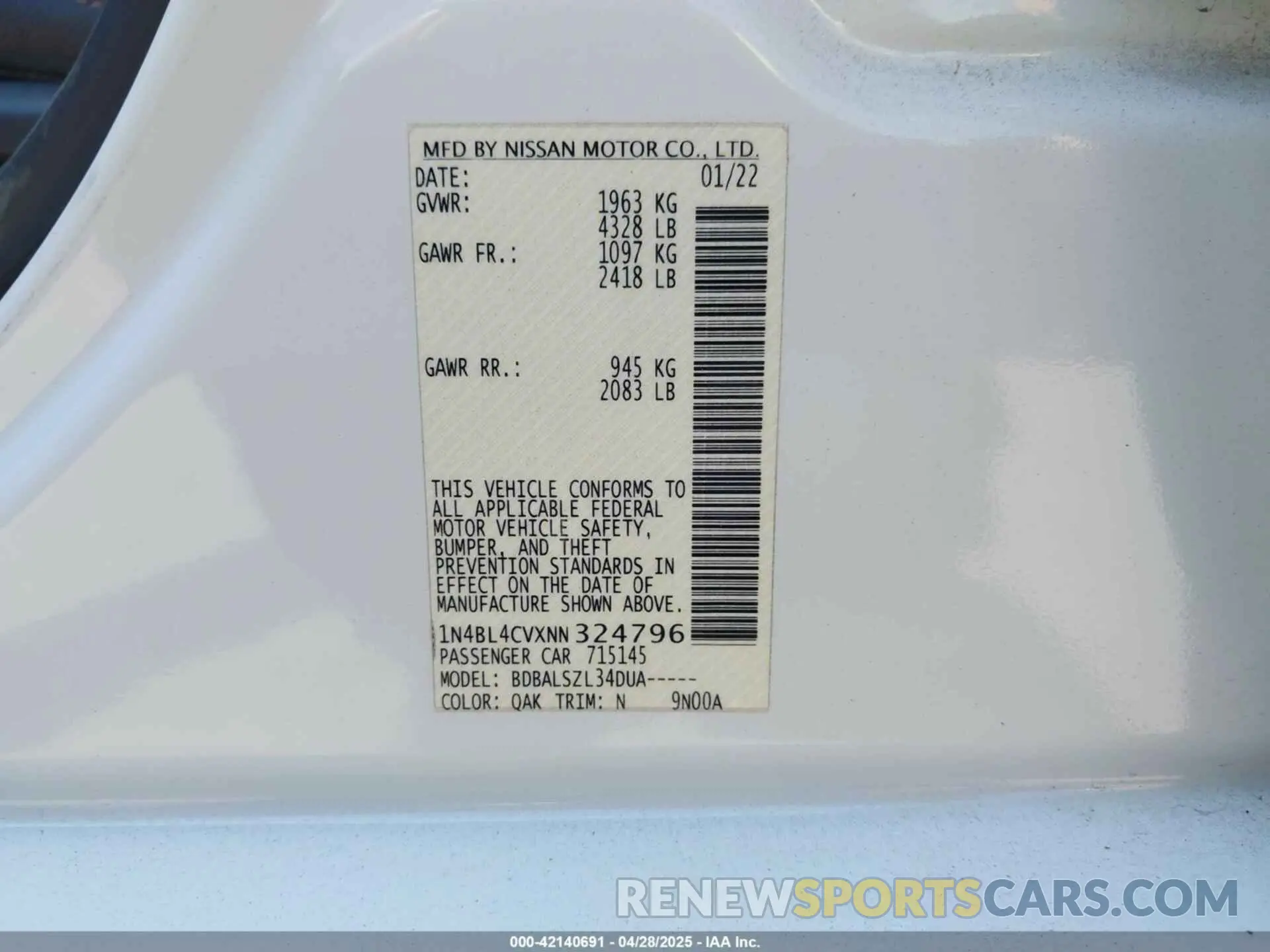 9 fotografías del automóvil dañado 1N4BL4CVXNN324796 NISSAN ALTIMA 2022