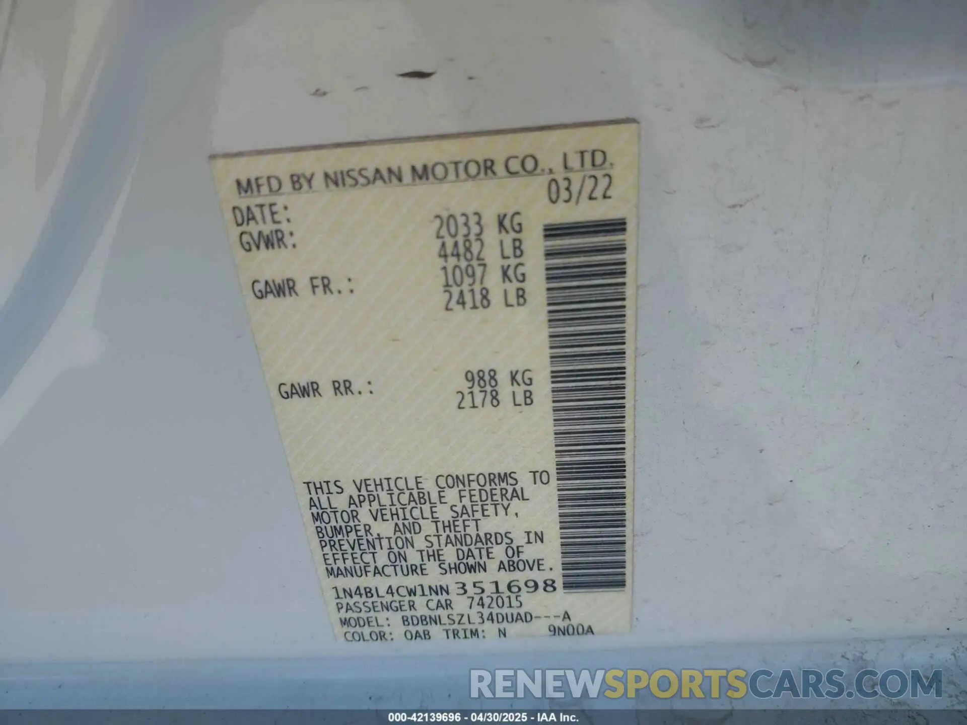 9 fotografías del automóvil dañado 1N4BL4CW1NN351698 NISSAN ALTIMA 2022
