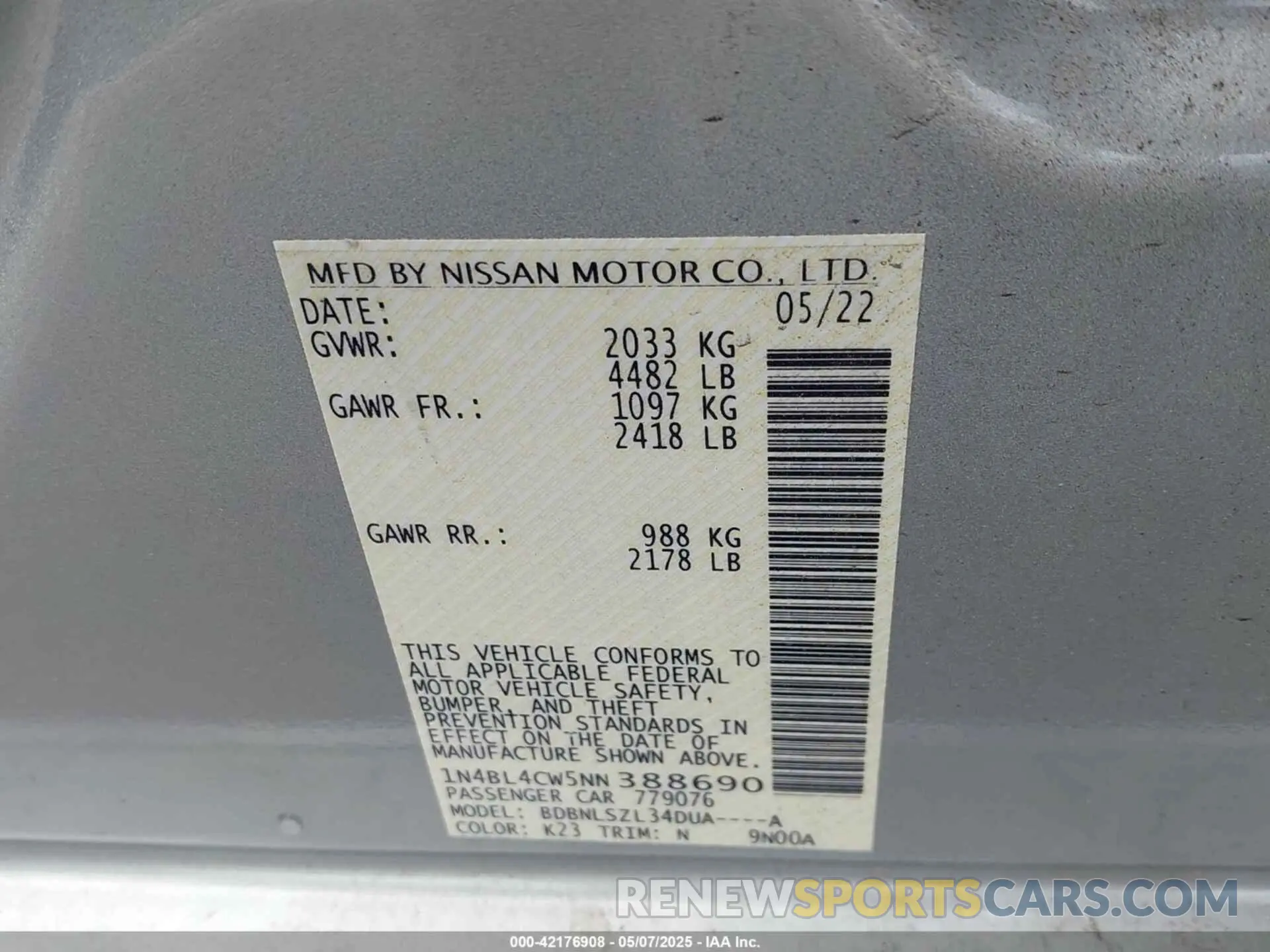 9 fotografías del automóvil dañado 1N4BL4CW5NN388690 NISSAN ALTIMA 2022