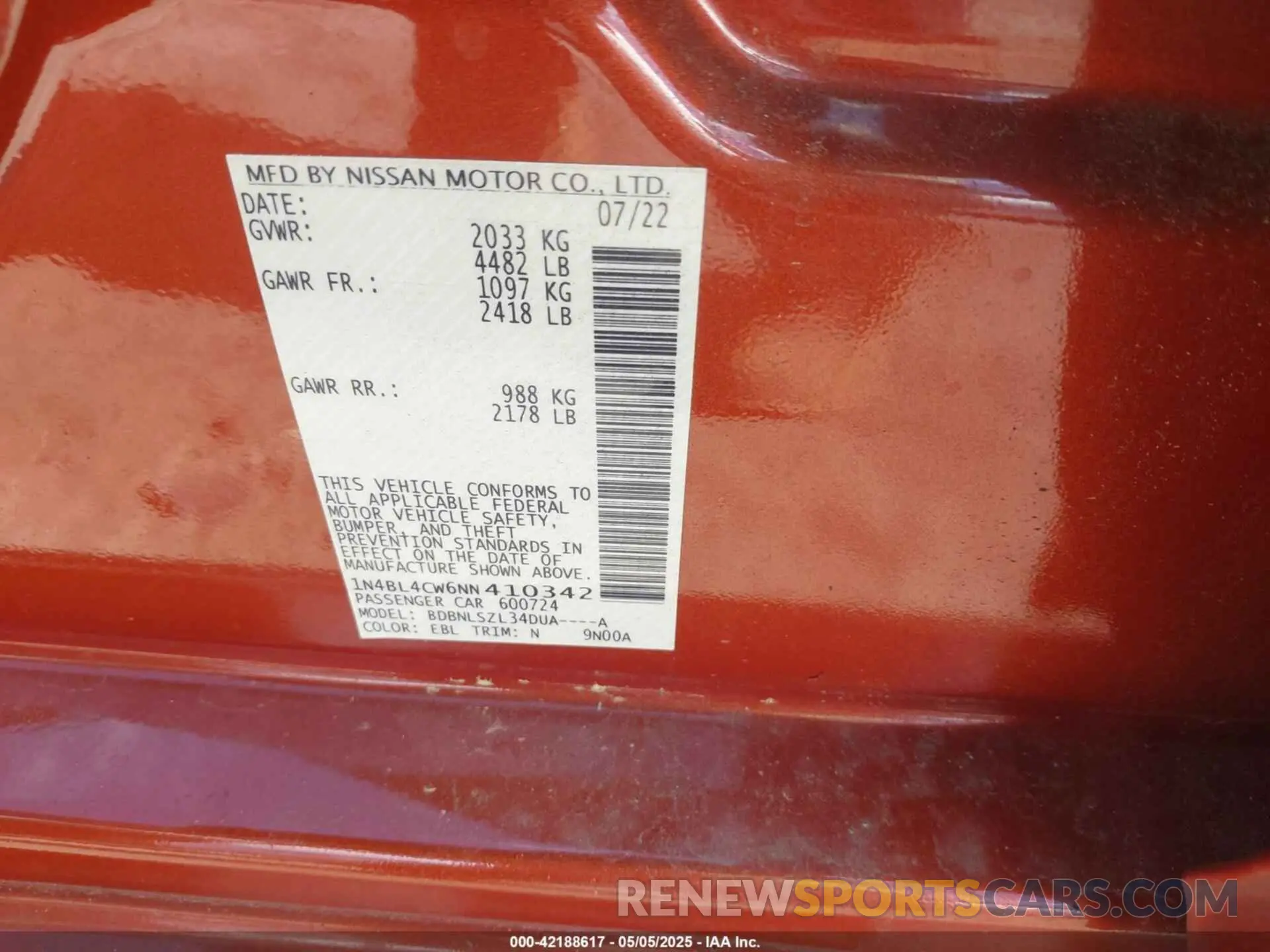 9 fotografías del automóvil dañado 1N4BL4CW6NN410342 NISSAN ALTIMA 2022