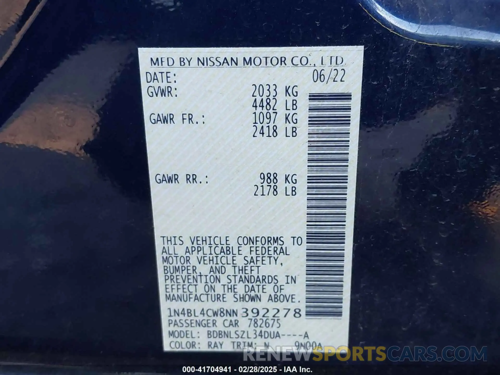 9 fotografías del automóvil dañado 1N4BL4CW8NN392278 NISSAN ALTIMA 2022
