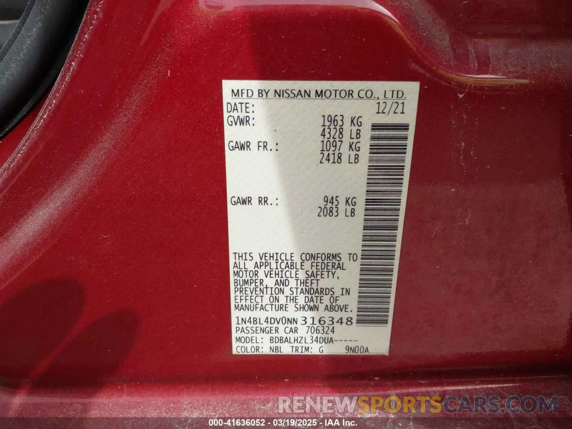 9 fotografías del automóvil dañado 1N4BL4DV0NN316348 NISSAN ALTIMA 2022