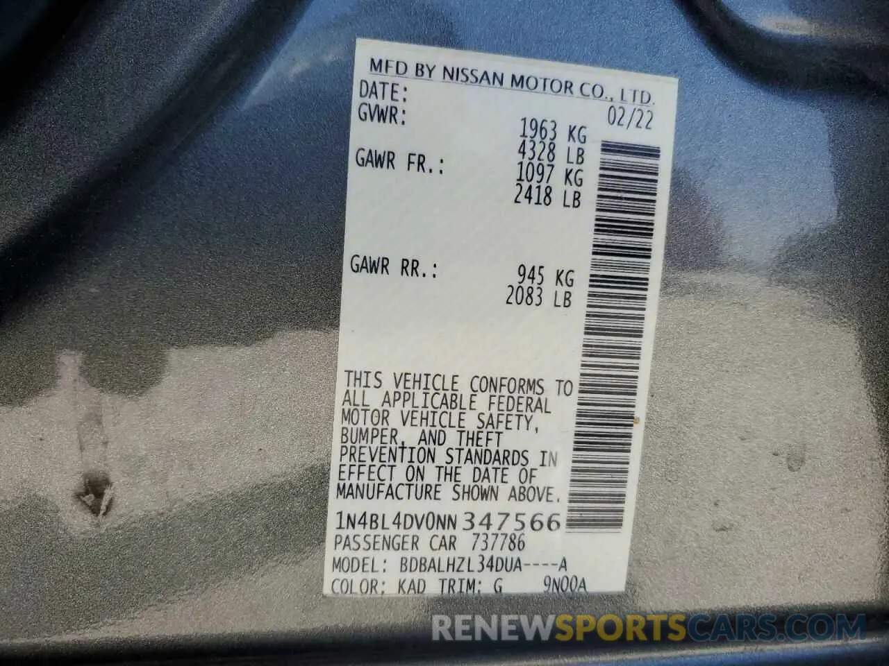 12 fotografías del automóvil dañado 1N4BL4DV0NN347566 NISSAN ALTIMA 2022