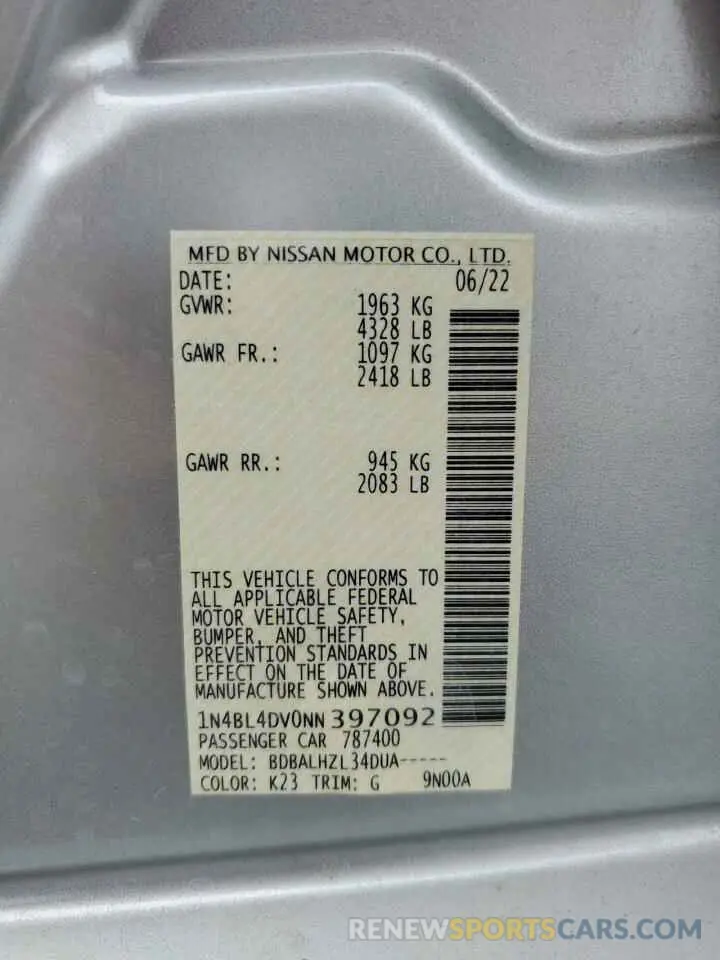 14 fotografías del automóvil dañado 1N4BL4DV0NN397092 NISSAN ALTIMA 2022