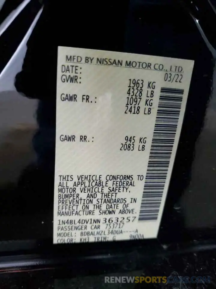 14 fotografías del automóvil dañado 1N4BL4DV1NN363257 NISSAN ALTIMA 2022