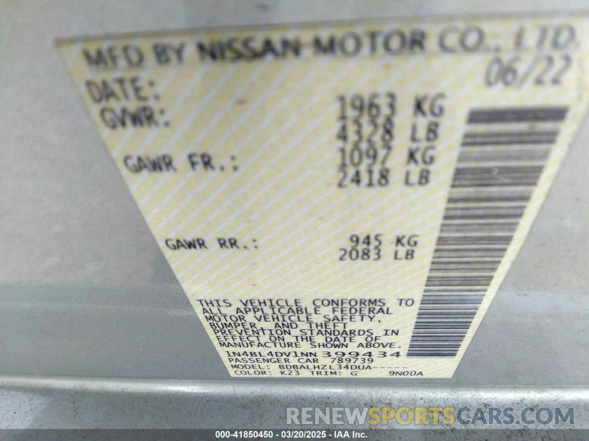 9 fotografías del automóvil dañado 1N4BL4DV1NN399434 NISSAN ALTIMA 2022