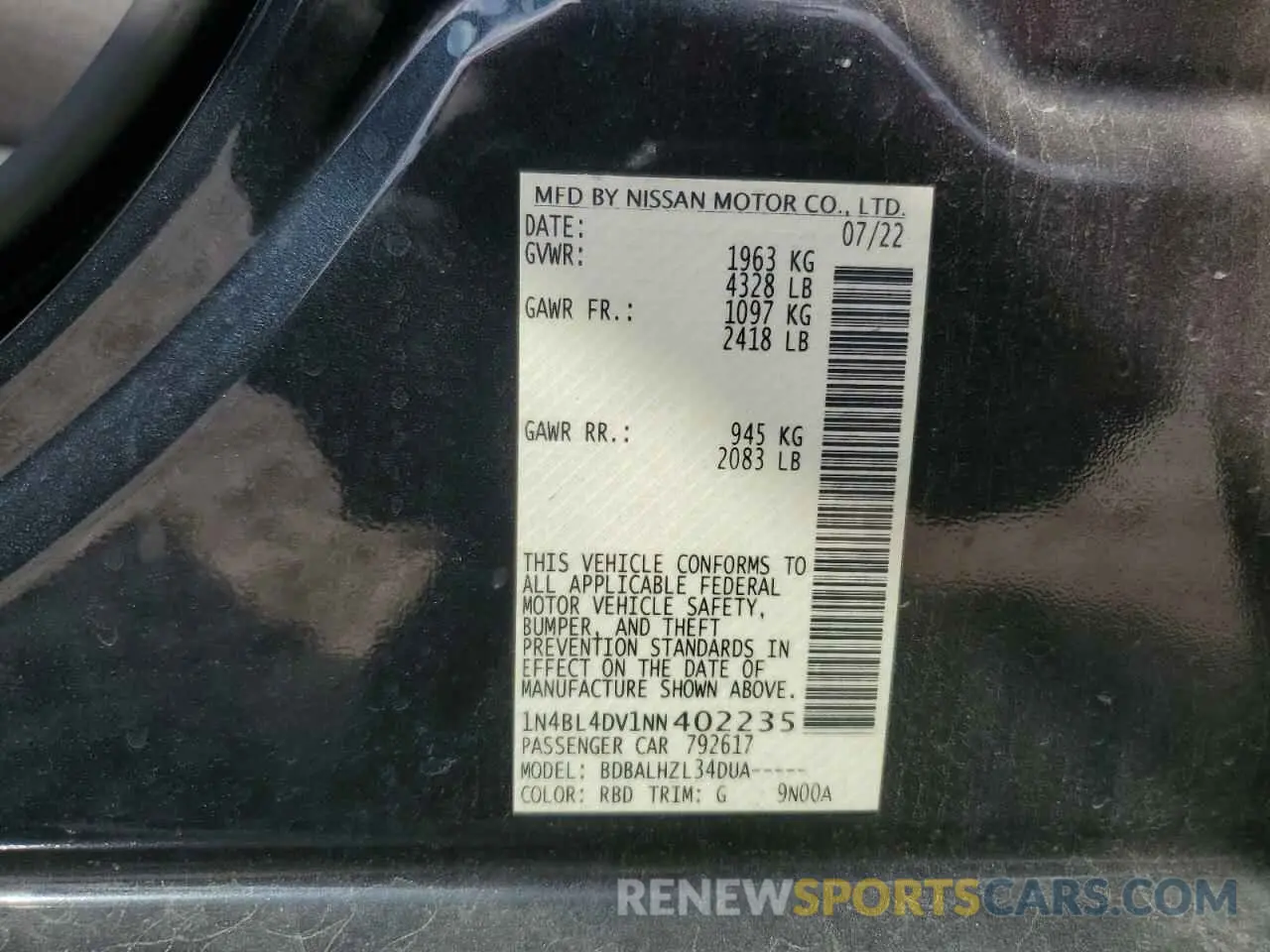 12 fotografías del automóvil dañado 1N4BL4DV1NN402235 NISSAN ALTIMA 2022