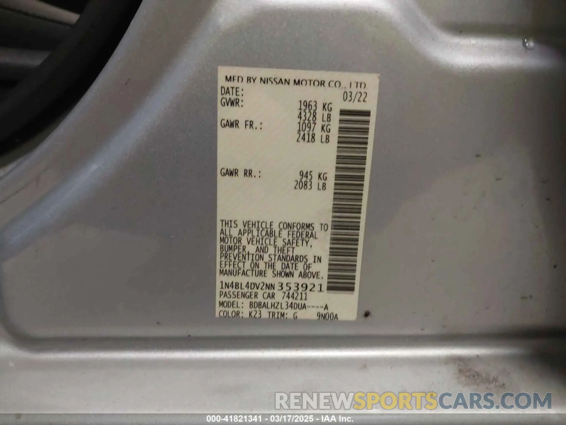 9 fotografías del automóvil dañado 1N4BL4DV2NN353921 NISSAN ALTIMA 2022