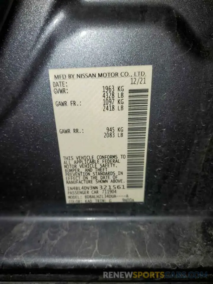 15 fotografías del automóvil dañado 1N4BL4DV3NN321561 NISSAN ALTIMA 2022