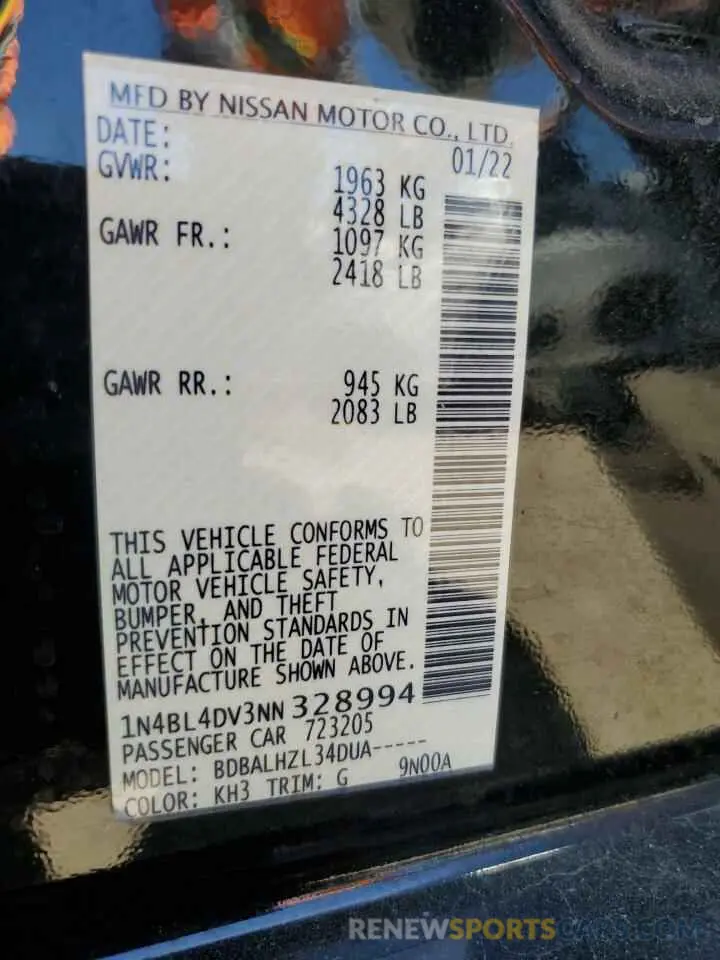12 fotografías del automóvil dañado 1N4BL4DV3NN328994 NISSAN ALTIMA 2022