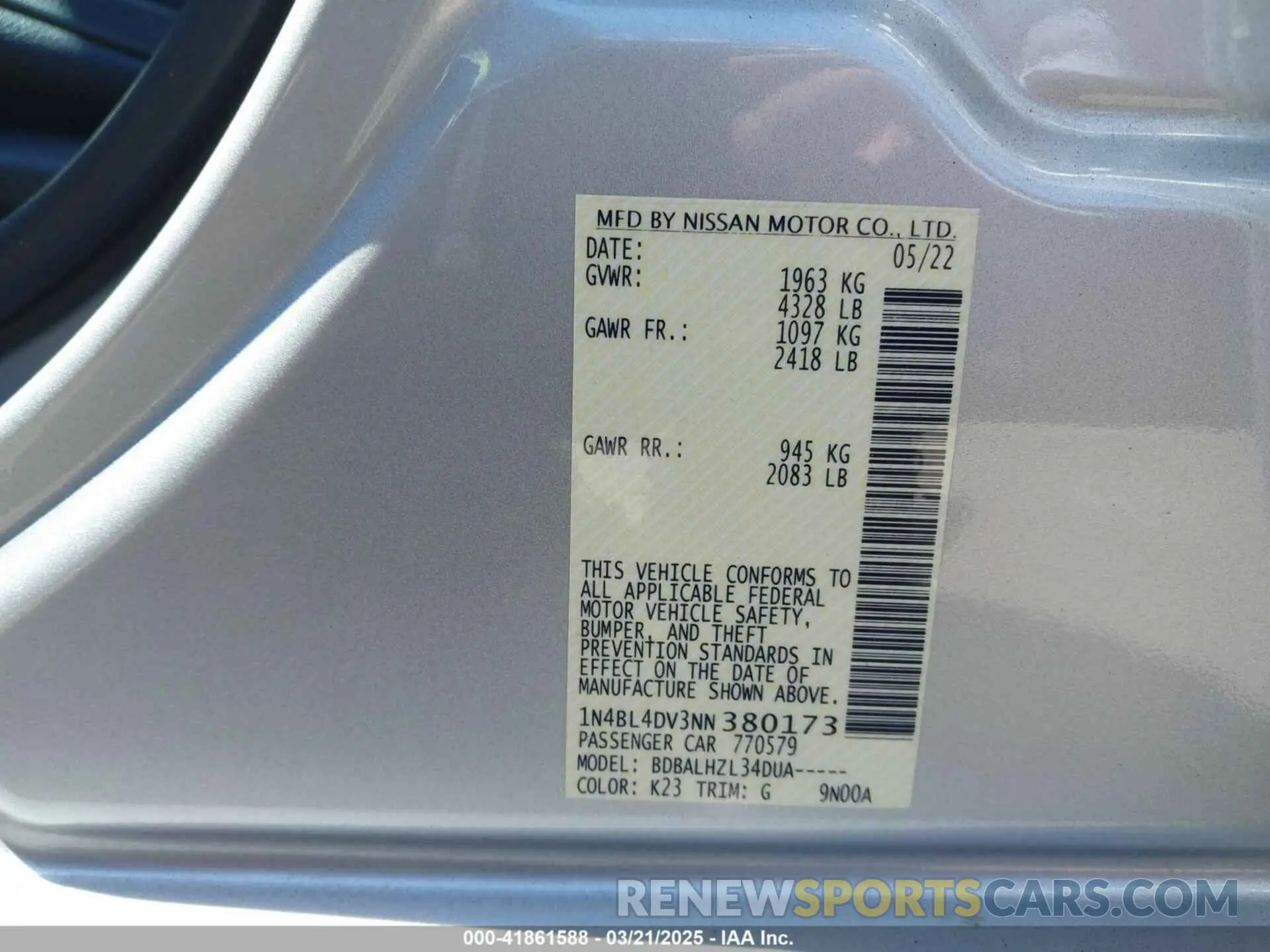 9 fotografías del automóvil dañado 1N4BL4DV3NN380173 NISSAN ALTIMA 2022