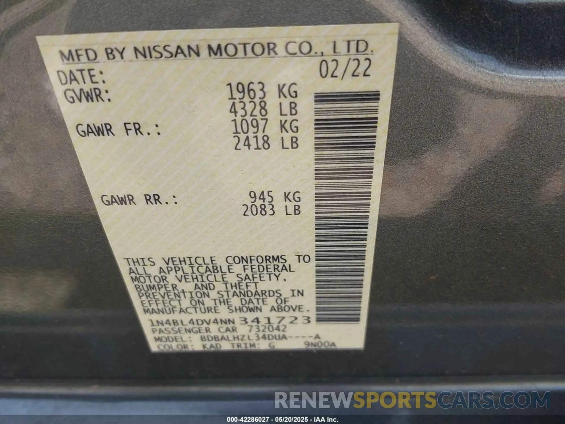 9 fotografías del automóvil dañado 1N4BL4DV4NN341723 NISSAN ALTIMA 2022